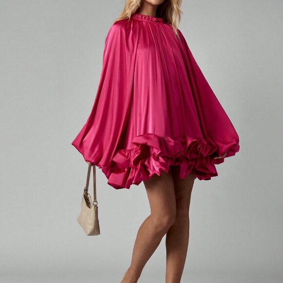 Hot Pink Party Women's Ruffle Hem High Neck Satin Elegant Mini Dress - Picture 5 of 8
